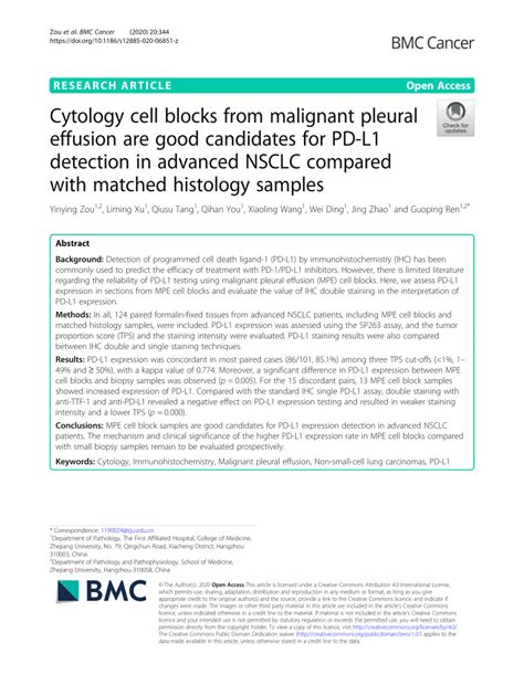 Pdf Cytology Cell Blocks From Malignant Pleural Effusion Are Good Candidates For Pd L1