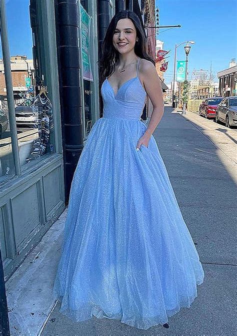 Princess A Line V Neck Long Floor Length Tulle Glitter Prom Dress With