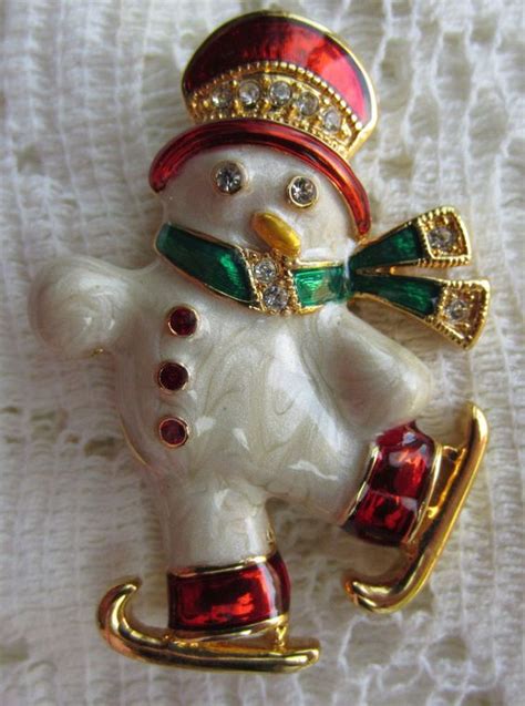 Vintage Monet Enamel Rhinestone Christmas Snowman Brooch Pin In Jewelry