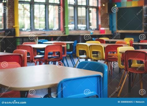 In This Classroom Setting Numerous Tables And Chairs Are Arranged