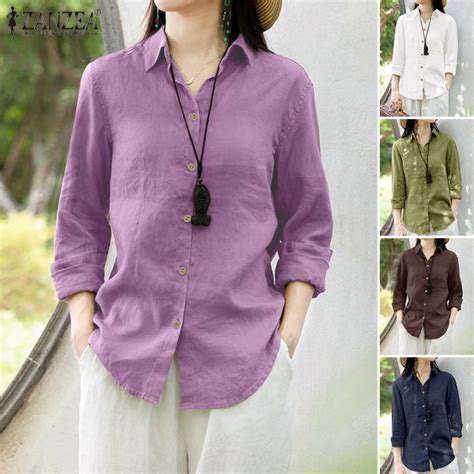 Esolo Zanzea Women Vintage Cotton Button Up Shirts Simple Loose Full