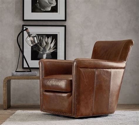 Irving Leather Swivel Armchair Bronze Nailheads Polyester Wrapped Cushions Bourbon At Pottery