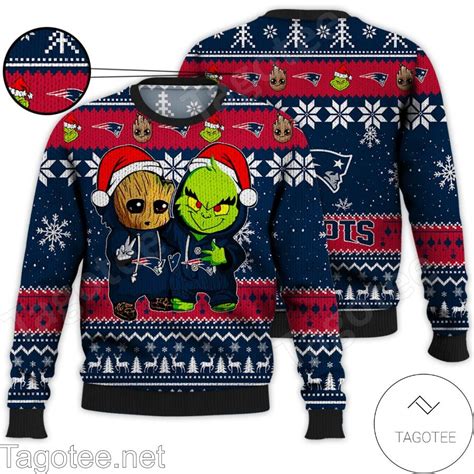 New England Patriots Baby Groot And Grinch NFL Ugly Christmas Sweater