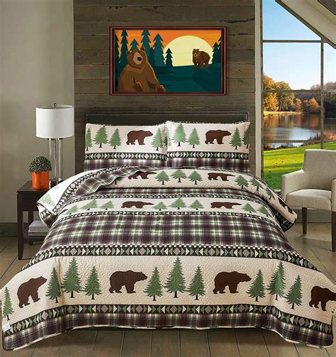 Marcielo 3 Piece Christmas Quilt Set Rustic Lodge Deer Quilt Quilted