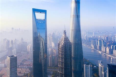 Aerial View Of Skyscraper And High Rise Office Buildings In Shanghai