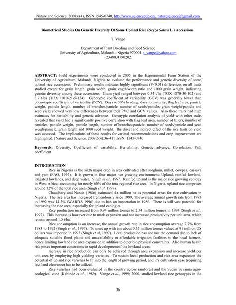 Pdf Biometrical Studies On Genetic Diversity Of Some Upland Rice