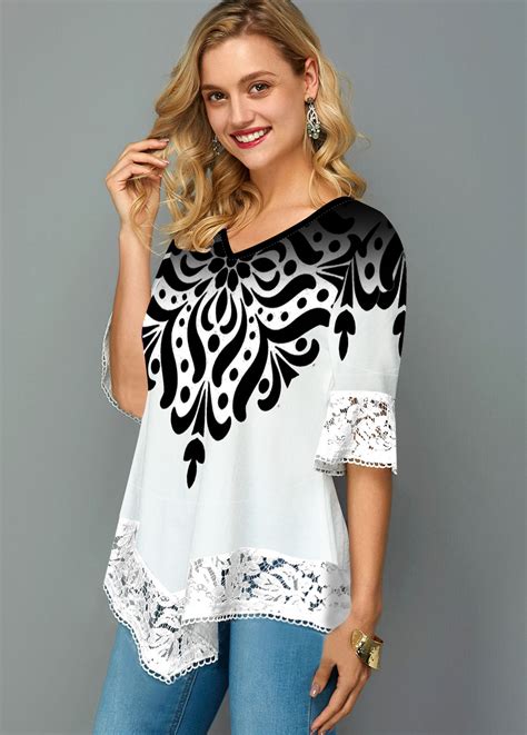 Asymmetric Hem Lace Trim Printed T Shirt Modlily USD 34 98