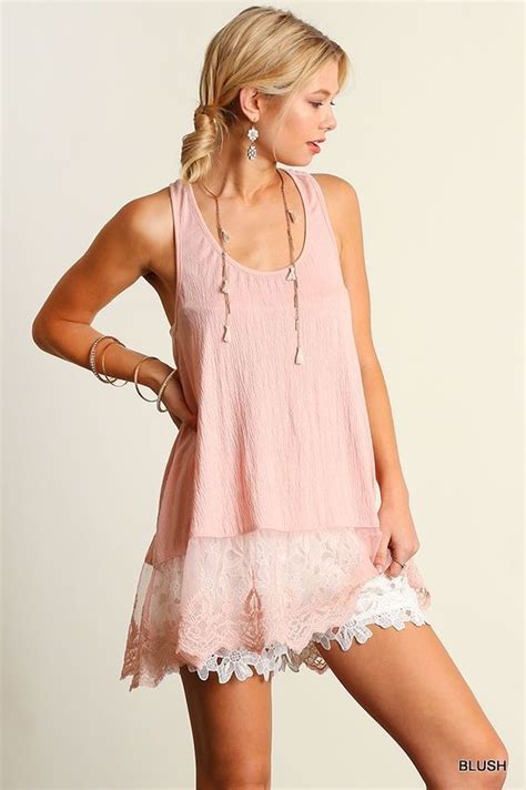 Umgee Lace Hem Tunic Tank Top Racerback High Low Sheer Sleeveless