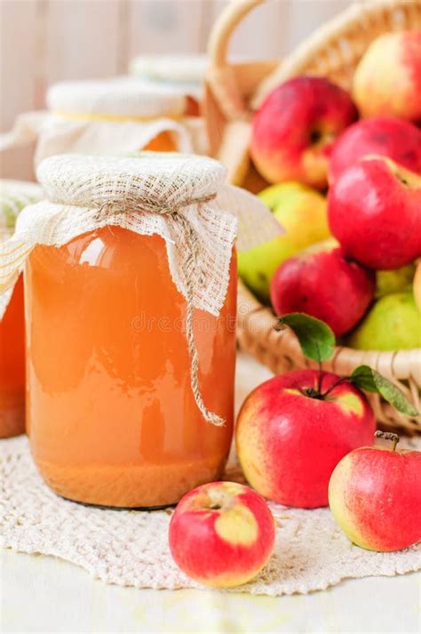 Canned Apple Juice And Apples In Basket Copy Space For Your Tex Stock