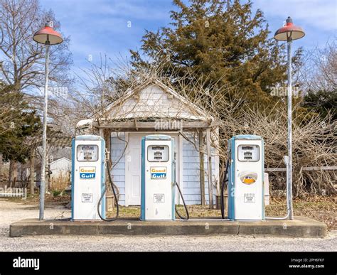 Landscape Consisting For Three Old Gulf Gas Pumps Stock Photo Alamy