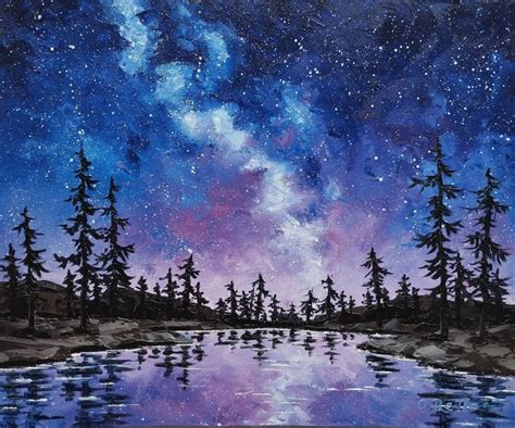 Night Sky Oil Painting Nocturne Lake Landscape Milky Way Painting ...