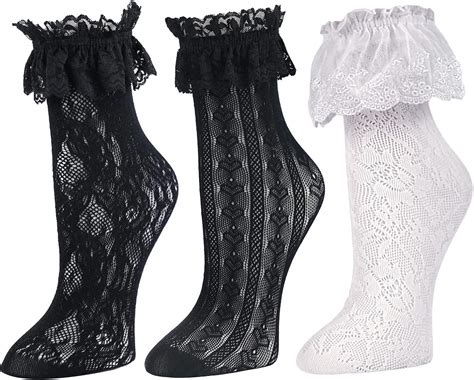 Rmsweetyil Lace Ruffle Socks Women Cute Sexy Lace Frilly Ankle Socks 3 Pairs