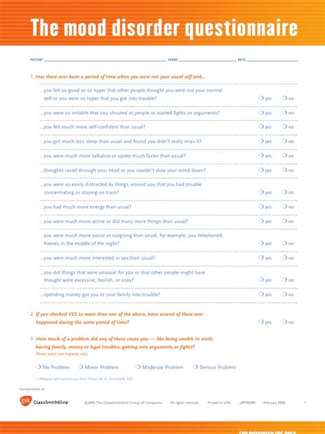 Mood Disorder Questionnaire Printable