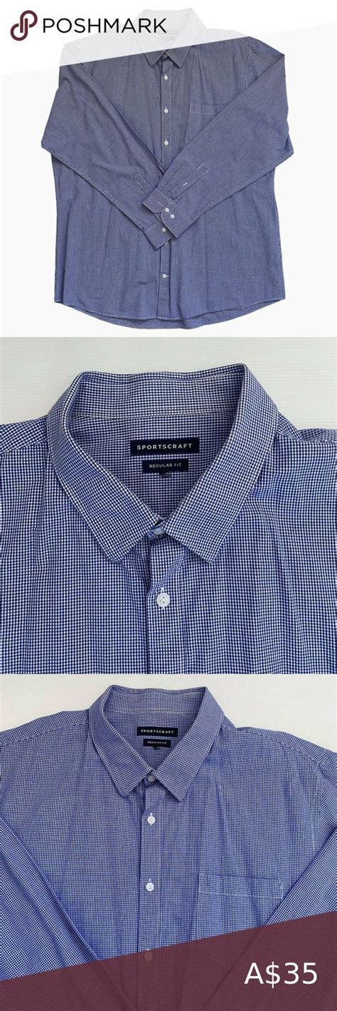 Sportscraft Mens Xl Blue White Plaid Check Button Up Business Long Sleeve Shirt Long Sleeve