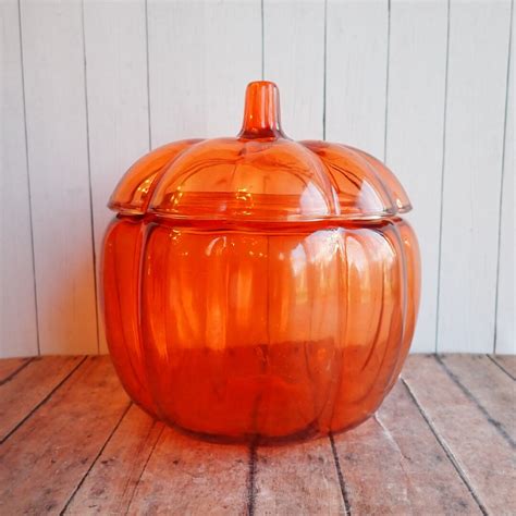 Vintage Orange Glass Pumpkin Jar Canister Candy Dish Bowl With Lid Halloween Thanksgiving Decor