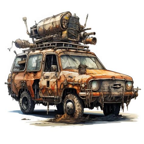 Post-apocalyptic Car Illustration with Rusty Weapons Stock Illustration ...