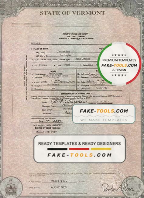 Usa Vermont State Birth Certificate Template In Psd Format Fully Editable Fake Tools