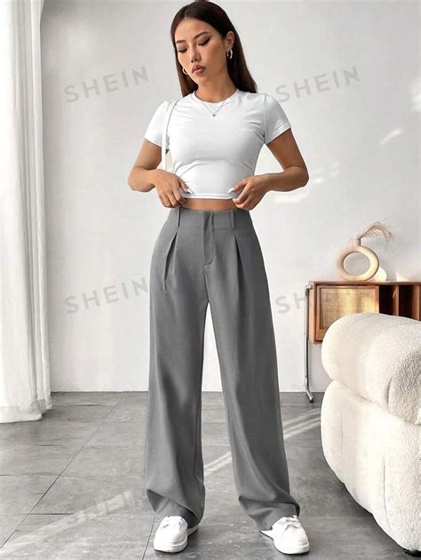 SHEIN EZwear Women S Solid Color Pleated Straight Leg Relaxed Fit Pants