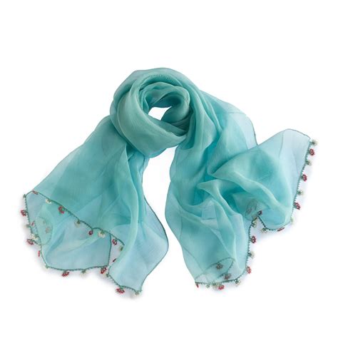 Turquoise Silk Chiffon Scarf With Turkish Oya Silk Chiffon Scarves