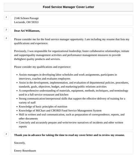 Food Service Manager Cover Letter Velvet Jobs