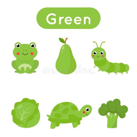 Flash Cards with Objects in Green Color. Educational Printable ...