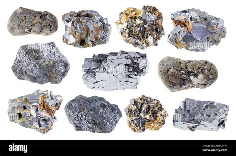 Set Of Various Galenite Stones Cutout On White Background Stock Photo