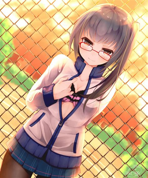 Wallpaper Long Hair Anime Girls Glasses Brown Eyes Skirt Bra