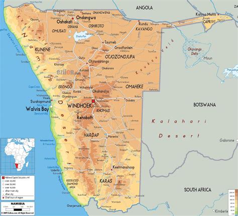 Large physical map of Namibia with roads, cities and airports | Namibia ...