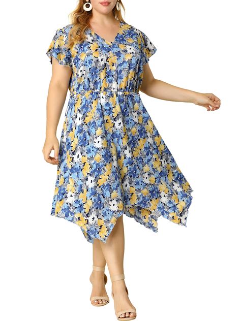 Agnes Orinda Womens Plus Size V Neck Floral Chiffon Tie Belted Ruffled Midi Dress