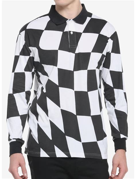 Black And White Checkered Long Sleeve Polo Shirt Hot Topic