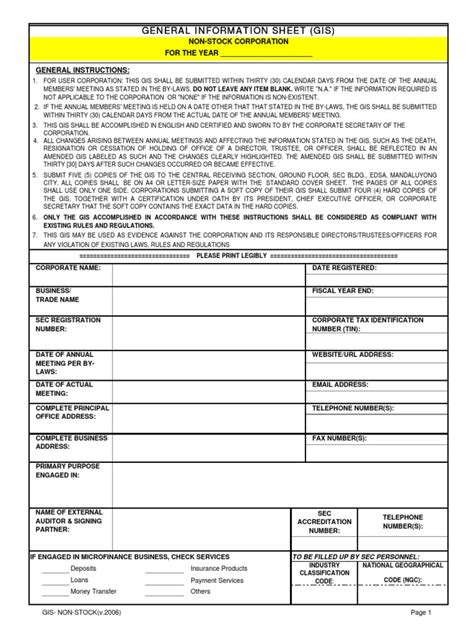 Sec General Information Sheet Non Stock Corporationspdf Geographic