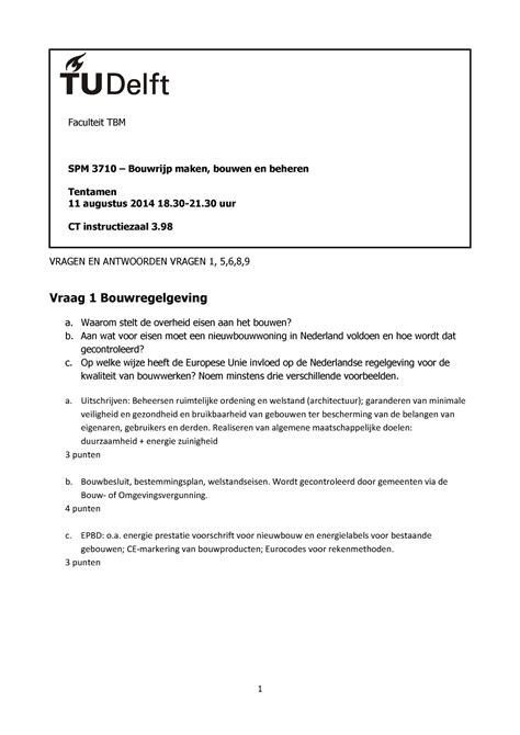 Tentamen 11 Augustus 2014 Vragen En Antwoorden 1 Faculteit TBM SPM