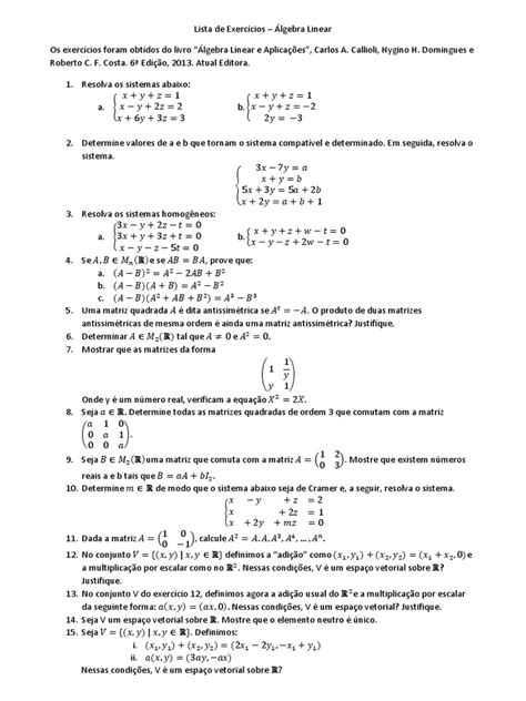 Lista De Exercícios Sobre Álgebra Linear Com Uma Variedade De Tópicos