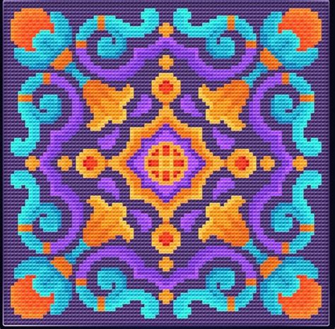 A Cross Stitch Pattern With An Orange Purple And Blue Design On The