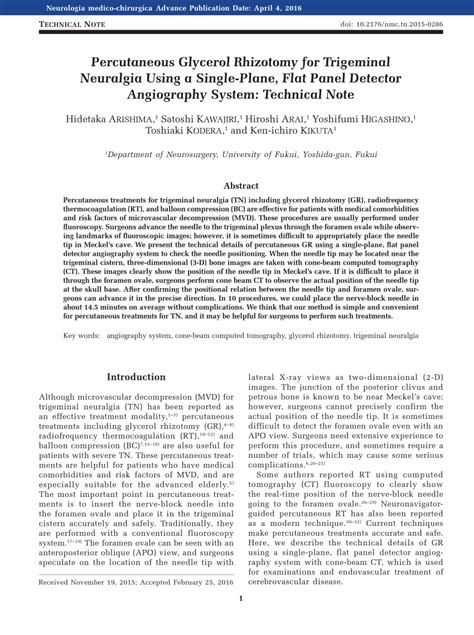 Pdf Percutaneous Glycerol Rhizotomy For Trigeminal Neuralgia Using A