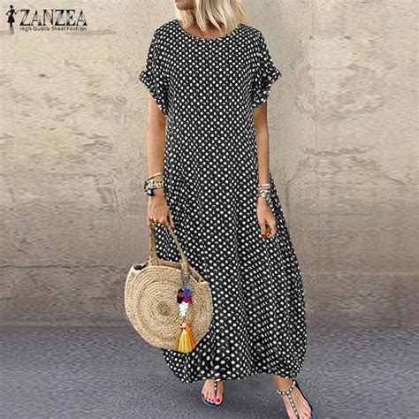 Cheap ZANZEA Bohemia Women Short Sleeve Polka Dot Baggy Dress Summer