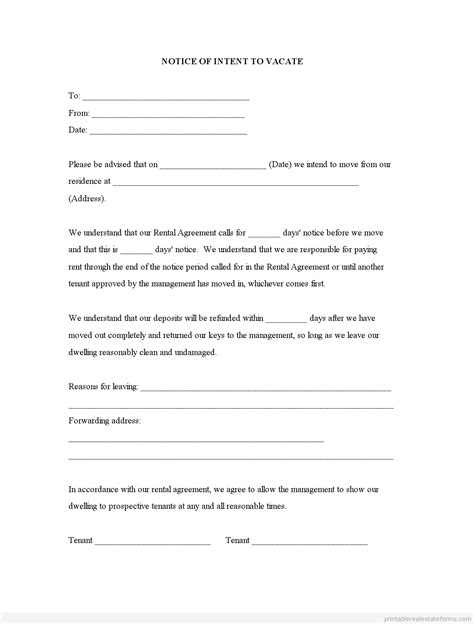 Free Printable Notice Of Intent To Vacate Form Sample