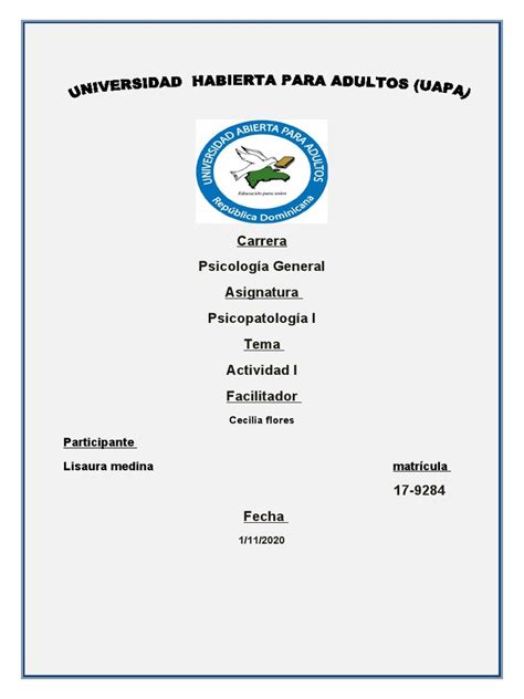 Tarea 1 Psicopatologia 1 Pdf Trastorno Mental Psicopatología