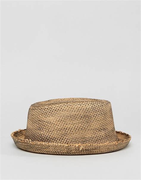 Asos Denim Straw Pork Pie Hat With Distressing In Beige Natural For Men Lyst