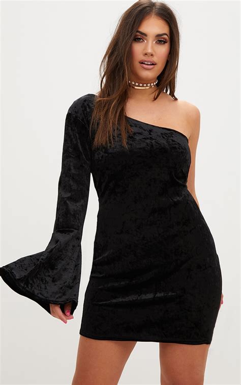 Plus Black Crushed Velvet One Shoulder Bodycon Dress