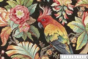 TISSU JACQUARD LUREX TROPICAL PERROQUETS FLEURS NOIR