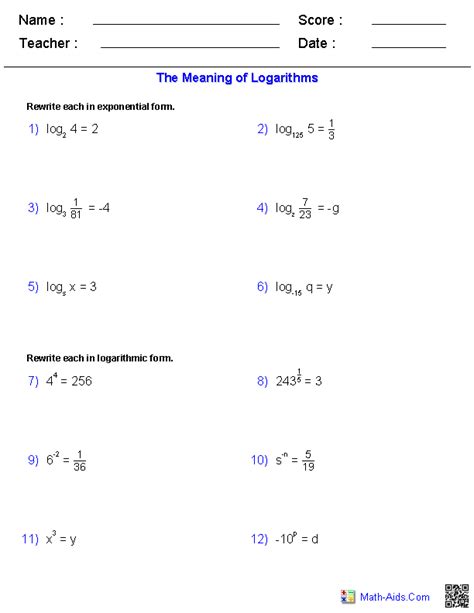 Logarithmic Worksheets