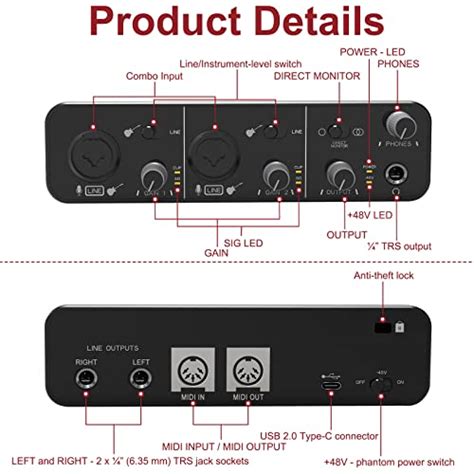 Usb Audio Interface With Midi Inputsoutput Ports24bit96khz48v Phantom Power 2i2 Audio