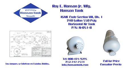 Ai B Psig Horizontal Air Tank Hanson Tank Asme Code Pressure