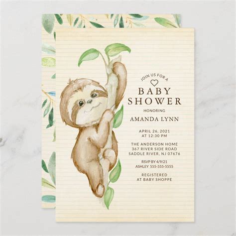 Sweet Baby Sloth Baby Shower Invitation Size 5 X 7 Color Tan