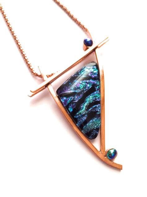 Contemporary Copper And Fused Dichroic Glass Pendant Necklace Glass