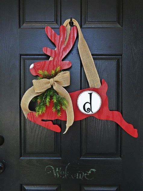 Reindeer Door Hanger With Burlap Bow Christmas Door Red Holiday