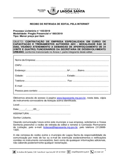 Preenchível Disponível recibo de retirada de edital retificado Fax