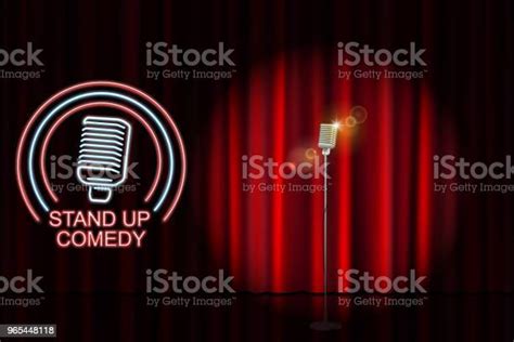 Stand Up Comedy With Neon Microphone Sign And Red Curtain Backdrop