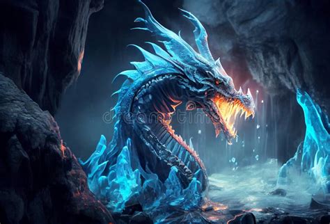 An Icy Dragon In A Damp Dark Cave Angry Lizard Breathing Fire Stock